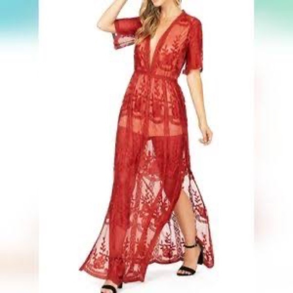 Red boho lace dress